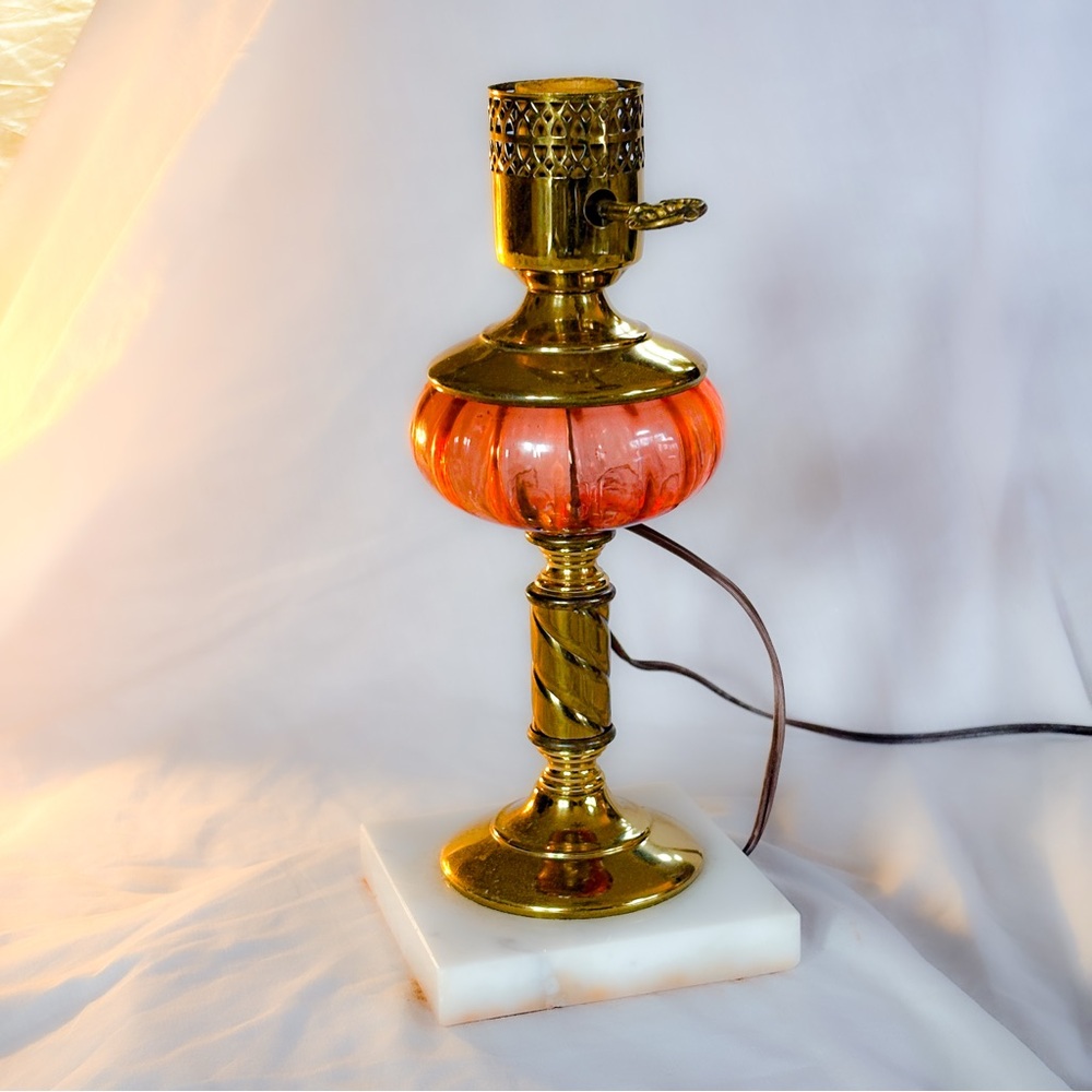 Vintage Italian Ruby Glass Lamp – Marble Base Brass Table Lamp